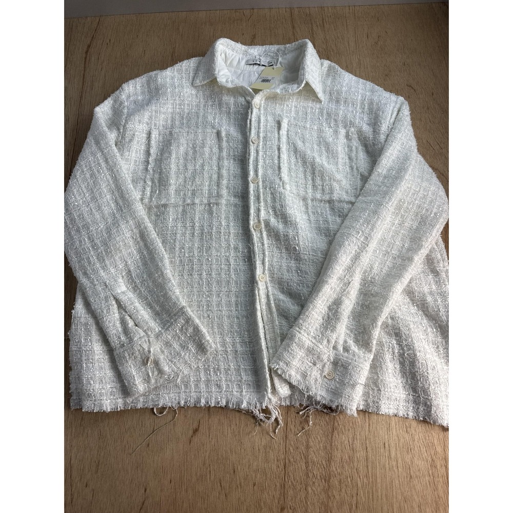 Mnml Shirt Mens 3XL White Raw Edge Flannel Long Sleeve Button Up Casual Fringe
